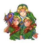  blonde_hair blue_eyes earrings gloves hat hug jewelry link mask multiple_boys multiple_persona nikayu pointy_ears smile the_legend_of_zelda the_legend_of_zelda:_majora's_mask the_legend_of_zelda:_ocarina_of_time time_paradox young_link younger 