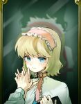  2girls alice_margatroid blonde_hair blue_eyes blush bow capelet commentary_request frills green_hair hair_bow hairband highres holding_hands kazami_yuuka korean_commentary long_sleeves looking_at_mirror looking_at_reflection lovelobten mirror multiple_girls reflection ribbon shirt short_hair touhou white_capelet yuri 