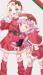  2girls ;3 ;q absurdres anyoji_hime anyoji_hime_(seal) blonde_hair blue_eyes box brand_name_imitation capelet commentary_request dress fang feet_out_of_frame fur-trimmed_capelet fur-trimmed_dress fur-trimmed_headwear fur-trimmed_hood fur-trimmed_socks fur_trim gradient_hair grey_background hat highres holding holding_box holding_sack hood hood_down hooded_capelet leaning_forward link!_like!_love_live! long_hair looking_at_viewer loose_socks love_live! low_twintails mika_yui mira-cra_park! multicolored_hair multiple_girls nintendo_switch_2 one_eye_closed osawa_rurino pink_hair red_capelet red_dress red_hat red_socks sack sack_behind_back santa_costume santa_dress santa_hat simple_background socks tongue tongue_out twintails v-shaped_eyebrows virtual_youtuber 