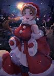  1girl absurdres brown_hair christmas corosu dress genderswap genderswap_(mtf) gloves green_eyes highres looking_at_viewer mole mole_under_eye moon mushoku_tensei night outdoors ponytail red_gloves reindeer rudeus_greyrat santa_costume santa_dress sky sled snowing 