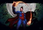  1boy absurdres bat_(animal) black_cape black_hair blue_bodysuit bodysuit cape commentary_request darkstalkers demitri_maximoff evil_grin evil_smile facial_hair fangs feet_out_of_frame fingernails fire full_moon fumezu1 glowing glowing_eyes grin highres huge_moon male_focus moon muscular muscular_male night no_pupils outdoors pectorals red_cape red_eyes smile solo spiked_hair superhero_costume teeth vampire vampire_costume western_comics_(style) 