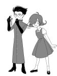  1boy 1girl :d absurdres ankle_socks arms_at_sides bare_arms baxter_(hazbin_hotel) boots bow bowtie buttons child closed_mouth coat collared_shirt commentary_request dress elbow_gloves flipped_hair freckles frown full_body glasses gloves greyscale hair_behind_ear hair_over_one_eye hair_slicked_back hand_on_own_chin hands_up hazbin_hotel hellaverse high_contrast high_heel_boots high_heels highres holding holding_test_tube legs_apart looking_ahead looking_at_object looking_at_viewer mary_janes medium_dress menma_(enaic31) monochrome niffty_(hazbin_hotel) one_eye_covered open_mouth puffy_short_sleeves puffy_sleeves round_eyewear serious shirt shoes short_hair short_sleeves sidelocks signature simple_background smile socks standing stroking_own_chin tareme test_tube traditional_bowtie turtleneck v-shaped_eyebrows very_short_hair white_background wide-eyed 
