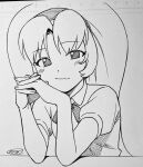  1girl absurdres ballpoint_pen_(medium) bare_arms bow bowtie closed_mouth collared_shirt commentary elbows_on_table grey_background greyscale hair_between_eyes hairband hands_up hatching_(texture) hazbin_hotel hellaverse highres interlocked_fingers light_blush long_hair looking_at_viewer menma_(enaic31) molly_(hazbin_hotel) monochrome no_pupils own_hands_together pen_(medium) puffy_short_sleeves puffy_sleeves shirt short_sleeves sidelocks signature simple_background smile solo table tareme traditional_bowtie traditional_media upper_body 