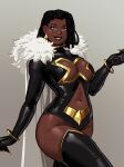  1girl artist_name black_boots black_diamond_(x-men) black_eyeshadow black_hair black_leotard black_lips boots bracelet breasts cape clawed_gloves clothing_cutout commentary cowboy_shot dark-skinned_female dark_skin diamond-shaped_earrings dreadlocks earrings emma_frost english_commentary eyeshadow fur-trimmed_cape fur_trim gold_earrings gold_trim gradient_background grey_background grey_eyes grin highres jewelry large_breasts leotard looking_at_viewer makeup marvel navel official_alternate_design official_alternate_skin_color pepedraws short_hair smile solo stomach_cutout thigh_boots western_comics_(style) white_cape x-men x_cutout 