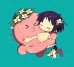  >3< 1girl \||/ ahoge animal aqua_background aqua_shorts baggy_clothes bare_arms bare_legs black_hair cheek-to-cheek child closed_eyes commentary crmmm91 crying deformed flower full_body hair_flower hair_ornament heads_together hug jumping kuze_shizuka leaf octopus oversized_clothes oversized_shirt pale_skin shirt shoes short_bangs short_hair short_sleeves shorts simple_background t-shirt takopii takopii_no_genzai tomboy u_u white_flower white_shirt white_shoes 