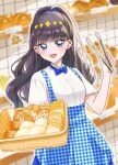  1girl apron artist_logo baguette basket black_hair blue_apron blue_bow blue_bowtie blue_eyes blue_skirt blunt_bangs blush bow bowtie bread breasts checkered_apron checkered_clothes delicious_party_precure employee_uniform food gingham_apron gingham_clothes hair_ornament high-waist_skirt highres holding holding_basket holding_tongs kasai_amane kobeya_uniform logo long_hair looking_at_viewer moro_precure open_mouth plaid_apron plaid_clothes pleated_shirt precure shirt short_sleeves skirt smile solo tiara tongs waitress 