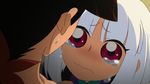  1girl animated animated_gif black_hair blush closed_eyes crying eye_contact frown japanese_clothes katanagatari long_hair looking_at_another loop non-web_source red_eyes screencap sweatdrop tareme teardrop tears togame upper_body watery_eyes wavy_mouth white_hair yasuri_shichika 