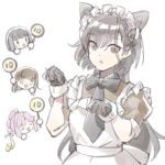  +_+ 4girls animal_ears anyoji_hime apron black_gloves black_hair brown_dress brown_eyes brown_hair cat_ears cat_girl cat_tail chibi chibi_inset commentary_request dress frilled_apron frills gloves hasu_no_shoushihenkei highres holding jellyfish_cut kachimachi_kosuzu katsuragi_izumi link!_like!_love_live! long_hair love_live! maid_apron momose_ginko multi-tied_hair multiple_girls nyan_nyan_nyan_fair_in_gamers paw_pose pink_hair ponytail puffy_short_sleeves puffy_sleeves ruoguiling scorecard short_hair short_sleeves side_ahoge sidelocks simple_background solo_focus tail virtual_youtuber white_apron white_background white_wrist_cuffs wrist_cuffs 