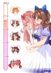  6+girls agnes_digital_(umamusume) animal_ears artist_name blood blood_on_hands blush bow bowtie brown_hair chibi chibi_inset commentary daiwa_scarlet_(umamusume) ear_covers english_commentary front-to-back hair_bow head_only heavy_breathing highres horse_ears horse_girl horseshoe_ornament hug hug_from_behind king_halo_(umamusume) kiss_meter_(meme) long_hair meisho_doto_(umamusume) meme multiple_girls nijiellie nosebleed pink_hair pleated_skirt purple_bow purple_bowtie red_bow school_uniform serafuku sidelighting simple_background skirt summer_uniform t.m._opera_o_(umamusume) text_background tracen_school_uniform umamusume vodka_(umamusume) watermark white_background white_skirt wide-eyed yuri 