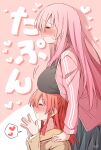  2girls absurdres bocchi_the_rock! breast_rest breasts breasts_on_head brown_sailor_collar brown_shirt closed_eyes commentary_request gotoh_hitori hands_on_another's_shoulders heart highres jacket kita_ikuyo large_breasts long_hair multiple_girls open_clothes open_jacket pink_background pink_hair pink_jacket pink_track_suit red_hair sailor_collar school_uniform shimakura_asado shirt shuka_high_school_uniform simple_background spoken_heart sweatdrop track_suit translation_request two-tone_background white_background yuri 