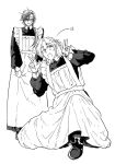  2boys ;d apron apron_tug blush closed_eyes closed_mouth crossdressing crossdressing_(mtf) enmaided frilled_apron frills full_body gloves gripping_clothes hair_between_eyes hands_up highres long_hair long_sleeves looking_at_viewer maid maid_apron male_focus male_maid medium_hair monochrome multiple_boys on_one_knee one_eye_closed open_mouth original shoes shy simple_background smile spot_color standing star_(symbol) sweat three-finger_salute unholymilk white_background yellow_eyes 