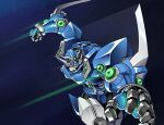  arm_blade black_background clenched_hand hamuten_(hmltzero) mecha mecha_focus no_humans red_eyes robot science_fiction simple_background solo soulgain standing super_robot super_robot_wars super_robot_wars_original_generation v-fin weapon 