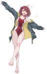  1girl :d ahoge atelier_(series) atelier_sophie atelier_sophie_2 bare_legs bare_shoulders barefoot breasts brown_eyes cleavage commentary competition_swimsuit full_body groin highres jacket leg_up medium_breasts multicolored_jacket one-piece_swimsuit open_clothes open_jacket outstretched_arms planbi red_hair short_hair simple_background single_off_shoulder sleeves_past_wrists smile solo sophie_neuenmuller spread_arms standing standing_on_one_leg swimsuit two-tone_jacket two-tone_one-piece_swimsuit white_background 