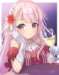  1girl absurdres alcohol braid bun_with_braided_base champagne champagne_flute closed_mouth commentary_request cup dress drinking_glass flower gloves hair_bun hair_down hair_ornament highres himehina_channel long_hair looking_at_viewer pink_hair purple_eyes shun_illustbscr smile solo tanaka_hime virtual_youtuber 
