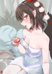  1girl absurdres alternate_costume bird_wings blush breasts brown_hair cleavage collarbone commentary_request cup ellen_drawing hat highres holding holding_cup looking_at_viewer medium_breasts medium_hair naked_towel open_mouth pointy_ears pom_pom_(clothes) red_eyes red_hat shameimaru_aya sitting smile solo sweat tokin_hat touhou towel wings 