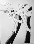  1boy absurdres angel_dust ballpoint_pen_(medium) bent_over body_fur bow bowtie closed_mouth colored_sclera commentary_request cropped_legs crosshatching elbow_gloves expressionless extra_arms facial_mark fewer_digits gloves grey_background greyscale hands_on_own_cheeks hands_on_own_face hands_on_own_legs hands_up hatching_(texture) hazbin_hotel heart hellaverse high_contrast highres looking_at_viewer male_focus menma_(enaic31) mismatched_sclera monochrome no_nose pen_(medium) raised_eyebrows shirt short_shorts shorts simple_background solo thighhighs traditional_bowtie traditional_media 