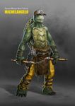  anthro bandage barefoot belt biceps blue_eyes claws clothing green_skin grin hat looking_at_viewer male michelangelo michelangelo_(tmnt) muscles mutant nunchuks pants pose reptile scales scalie scar smile solo standing teenage_mutant_ninja_turtles teeth toe_claws topless torn_clothing turtle weapon 