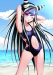  1girl armpits arms_up artist_request bare_legs beach black_hair blue_hair blush breasts cleavage collarbone cutout danganronpa facial_piercing highres mioda_ibuki multicolored_hair navel ocean one-piece one-piece_swimsuit piercing pink_hair purple_eyes small_breasts solo super_danganronpa_2 swimsuit water wet white_hair wink 