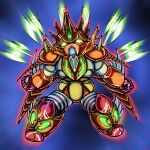  arm_blade armor clenched_hands commentary_request getter_robo getter_robo_daikessen! glowing glowing_eyes highres hirudoido horns looking_at_viewer mecha mecha_focus no_humans red_armor robot science_fiction shin_getter_dragon solo spikes super_robot tomahawk weapon wings yellow_eyes 