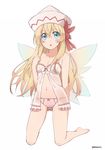  babydoll blonde_hair blue_eyes blush bow clenched_hand collarbone full_body hat kneeling lily_white lingerie long_hair navel open_mouth panties pink_panties ribbon solo strap_slip touhou underwear underwear_only wings yutamaro 