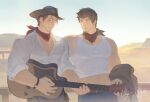  2boys adventurer_(ff14) ajianqaq ardbert_hylfyst bandana bandana_around_neck bara blue_eyes brown_hair closed_eyes closed_mouth contemporary covered_pectorals cowboy_shot cowboy_western crop_top denim facial_hair fence final_fantasy final_fantasy_xiv goatee highres instrument jeans looking_at_another male_focus midriff multiple_boys outdoors pants pectorals shirt short_hair tank_top warrior_of_light_(ff14) white_shirt white_tank_top 
