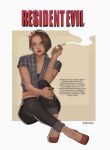  1girl arm_tattoo bandana black_bra blending border bra breasts brown_hair cigarette cleavage collared_shirt copyright_name full_body hand_on_own_leg head_tilt high_heels highres holding holding_cigarette jill_valentine knee_up midriff plaid_clothes plaid_shirt resident_evil shirt short_hair sitting smoke smoke_trail tattoo underwear white_border zombiyh 