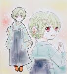  1girl alt_text alternate_costume arm_at_side blue_hakama blue_kimono closed_mouth commentary_request cowboy_shot crocodile_hair_ornament floral_print floral_print_kimono flower full_body green_hair hair_between_eyes hair_flower hair_ornament hakama hakama_skirt hand_up highres japanese_clothes kanzashi kimono light_blush long_sleeves looking_at_viewer looking_back may_salamanya nomura_miki open_mouth pastel_colors pink_flower print_kimono red_eyes short_hair simple_background skirt smile standing summer_pockets traditional_media wide_sleeves 