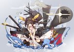  bare_shoulders boots breasts brown_hair cannon cleavage detached_sleeves double_bun hair_ornament hairband japanese_clothes kantai_collection kongou_(kantai_collection) long_hair medium_breasts nontraditional_miko open_mouth ribbon_trim skirt smile solo sparkle thigh_boots thighhighs torn_clothes turret yoshiwo 