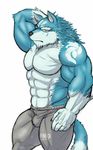  abs anthro arm_behind_head biceps big_muscles black_nose blue_fur bulge canine claws clothing fb1907 flexing fur looking_at_viewer male mammal muscles pants pecs plain_background pose solo sparky standing toned topless were werewolf white_background wolf yellow_eyes 