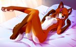  anus axlrosie bed black_nose breasts brown_fur canine female fox fur green_eyes hair looking_at_viewer mammal nipples nude open_mouth orange_fur pussy red_hair smile solo tongue white_fur 