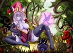  1girl adult animal animal_ears bar_shoulders bare_shoulders black_legwear blue_eyes blush breasts hat highres large_breasts league_of_legends long_hair looking_at_viewer lulu_(league_of_legends) older outdoors pix purple_hair solo torahime_(artist) torahime_(roland00) 