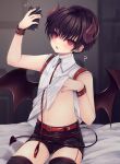 1boy ? belt black_nails black_shorts black_thighhighs brown_collar brown_hair brown_leash clothes_lift collar collared_shirt commentary_request demon demon_boy demon_horns demon_tail demon_wings earrings horns jewelry leash male_focus multiple_earrings navel open_mouth original red_belt red_eyes shirt shirt_lift shorts sleeveless tail thighhighs toko_(cactus_tok) white_background white_shirt wings wrist_cuffs 
