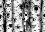  1girl 4shi :d bags_under_eyes birch_tree collarbone commentary_request dango-chan_(4shi) dot_nose greyscale hair_bun highres hollow_eyes horror_(theme) looking_at_viewer monochrome no_pupils original smile solid_circle_pupils solo staring tree 