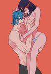  1girl bare_legs barizougon black_hair blue_hair blush breast_grab breast_licking breasts grabbing hetero highlights kill_la_kill licking lifting_person matoi_ryuuko mikisugi_aikurou multicolored_hair muscle nipples panties profile red_background red_hair short_hair small_breasts striped striped_panties thigh_grab topless two-tone_hair underwear 