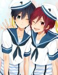  :&lt; bad_id bad_pixiv_id black_hair blue_eyes child fang free! gyw hat male_focus matsuoka_rin multiple_boys nanase_haruka_(free!) one_eye_closed open_mouth red_eyes red_hair sailor smile younger 