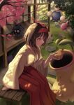  1girl absurdres berry_(pokemon) black_hair breasts cherry_blossoms closed_eyes closed_mouth commentary_request erika_(pokemon) grass_type_theme_(pokemon) grey_eyes hairband hakama hakama_skirt highres holding hoppip japanese_clothes jumpluff kimono long_sleeves medium_breasts nanafuku oddish open_mouth pokemon pokemon_(creature) pokemon_firered_and_leafgreen red_eyes red_hairband red_hakama red_skirt short_hair sitrus_berry sitting skirt smile tangela tentacles victreebel yellow_eyes yellow_kimono 