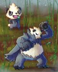  2others artist_name bamboo black_fur clenched_hands clenched_teeth commentary english_commentary hands_on_own_hips imazartz leaf_in_mouth mouth_hold multiple_others pancham pangoro pokemon pokemon_(creature) smile stalk_in_mouth teeth white_fur 