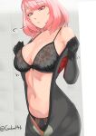  1girl absurdres armpit_crease bare_shoulders black_bodysuit black_bow black_bra black_gloves black_panties bodysuit bow bow_bra bow_panties bra breasts center_opening cleavage commentary english_commentary feet_out_of_frame female_commander_(girls'_frontline) full-length_zipper gd146 girls'_frontline girls'_frontline_2:_exilium gloves highres lace lace-trimmed_panties lace_bra lace_trim linea_alba looking_down medium_breasts medium_hair motion_lines navel nose o-ring o-ring_bra o-ring_top off_shoulder open_bodysuit open_clothes open_mouth panties parted_lips pink_hair red_eyes relief_(expression) removing_bodysuit shiny_skin sigh signature simple_background solo spaghetti_strap standing stomach tile_wall tiles toned toned_female twitter_username underwear undressing white_background zipper 