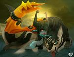  blue_eyes canine chain feral glowing_markings hair helmet hi_res imp link link_(wolf_form) looking_at_viewer mammal markings midna orange_hair prehensile_hair red_eyes rudragon sheath the_legend_of_zelda tongue tongue_out twili twilight_princess video_games wolf 