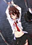  1girl absurdres abuse arms_up black_hat blood blood_on_clothes blood_on_face blush bound bound_wrists bow breasts brown_eyes brown_hair chain commentary_request crying crying_with_eyes_open cuffs hair_bow hat hat_bow highres long_sleeves medium_breasts medium_hair missing_headwear navel necktie one_eye_closed restrained ryona shackles shirt skirt solo stomach tears textless_version torn_clothes torn_shirt torn_skirt torture touhou trembling tsuukinkaisoku_oomiya unworn_headwear usami_renko white_bow white_shirt 