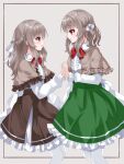  2girls border bow bowtie brown_background brown_border brown_capelet brown_skirt capelet censored collared_shirt commentary couple eye_contact feet_out_of_frame frilled_capelet frilled_shirt frilled_shirt_collar frilled_skirt frills from_side green_skirt grey_hair hair_bow half_updo hand_up highres holding_hands incest interlocked_fingers long_hair long_sleeves looking_at_another matching_outfits multiple_girls nanatuki13 original outside_border pantyhose parted_lips profile red_bow red_bowtie red_eyes shirt siblings simple_background sisters skirt smile standing white_bow white_pantyhose white_shirt yuri 