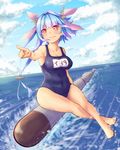  arios_(orochi_yuta) barefoot blue_hair covered_navel highres i-19_(kantai_collection) kantai_collection long_hair name_tag one-piece_swimsuit pointing red_eyes ribbon riding school_swimsuit sidesaddle sitting star star-shaped_pupils swimsuit symbol-shaped_pupils torpedo twintails 