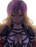  breasts crying dress expressionless gradient_hair hands_together hijiri_byakuren juliet_sleeves large_breasts layered_dress long_hair long_sleeves looking_down multicolored_hair puffy_sleeves ruchi_(shrlfmdks) simple_background solo streaming_tears tears touhou upper_body white_background yellow_eyes 