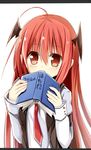  ahoge book book_to_mouth brown_eyes covered_mouth head_wings holding holding_book koakuma letterboxed long_hair pointy_ears red_hair touhou very_long_hair yuuhagi_(amaretto-no-natsu) 