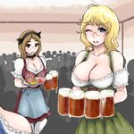  alcohol apron beer beer_mug blonde_hair blue_eyes breasts brown_hair choker cleavage cup dirndl german_clothes glasses hairband holding holding_cup large_breasts lowres multiple_girls one_eye_closed original supopo_(pi4v2000) underbust waist_apron waitress 