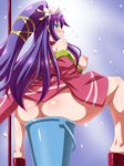  1girl aqua_eyes areolae ass bare_shoulders breasts breasts_outside bucket feet female flower from_behind hair_ornament highres japanese_clothes kimono large_breasts long_hair long_ponytail maeda_keiji_(sengoku_collection) nipples open_clothes petals ponytail puffy_nipples purple_hair r44 sandals sengoku_collection sitting solo spread_legs yukata 