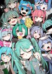  >_< 6+girls absurdres aqua_eyes aqua_hair arms_behind_back bare_shoulders black_sleeves blush closed_mouth commentary_request detached_sleeves eyepatch grey_shirt hair_between_eyes hair_ornament hatsune_miku highres ima_sugu_rinne_(vocaloid) konton_boogie_(vocaloid) long_hair looking_at_viewer magical_girl mesmerizer_(vocaloid) multiple_girls rabbit_hole_(vocaloid) shirt sleeveless sleeveless_shirt smile star-shaped_pupils star_(symbol) symbol-shaped_pupils twintails vampire_(vocaloid) very_long_hair vocaloid white_shirt yain 