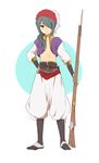  arabian_clothes bad_id bad_pixiv_id blue_hair cosplay free! full_body gun hair_over_one_eye inazuma_eleven inazuma_eleven_(series) kazemaru_ichirouta long_hair male_focus midriff otoko_no_ko ponytail red_eyes rifle ryuugazaki_rei ryuugazaki_rei_(cosplay) solo splash_free tomo_(sjim) weapon 