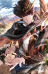  1boy belt black_cape black_hair blurry blurry_background brown_hair brown_jacket bullet cape closed_mouth cloud cowboy_hat cowboy_western denim desert earrings gun hat highres holding holding_gun holding_weapon jacket jewelry li_zeyan long_sleeves looking_at_viewer love_and_producer male_focus non-web_source official_art outdoors pants purple_eyes revolver shell_casing shirt short_hair sky smile solo tassel weapon white_shirt 