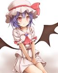  bad_id bad_pixiv_id bat_wings bow collarbone hat hat_bow kuroganeruto purple_hair red_eyes remilia_scarlet short_hair sitting solo touhou white_background wings 